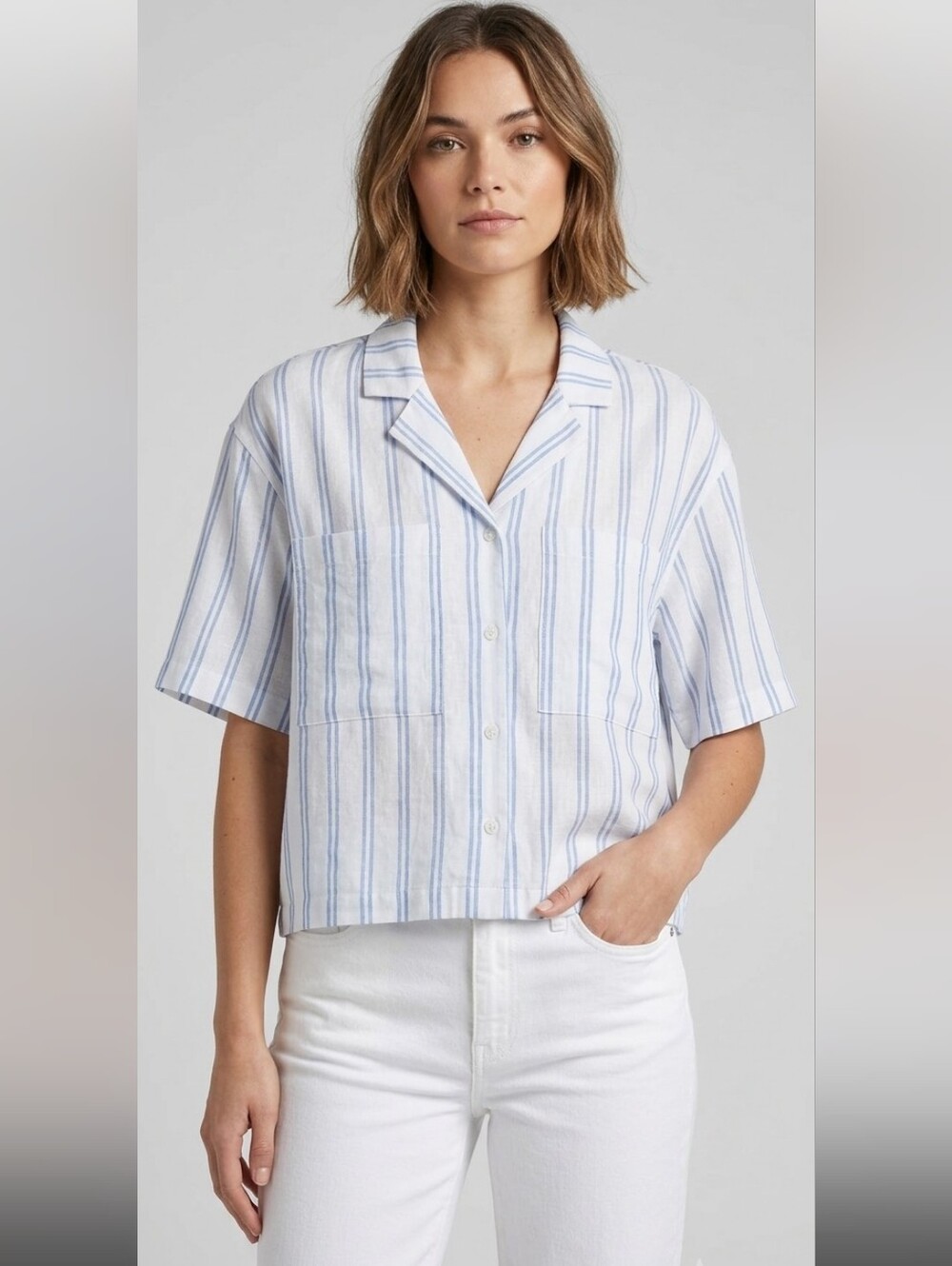 Buffalo David Bitton Light Blue Striped Button Front Shirt Linen & Viscose